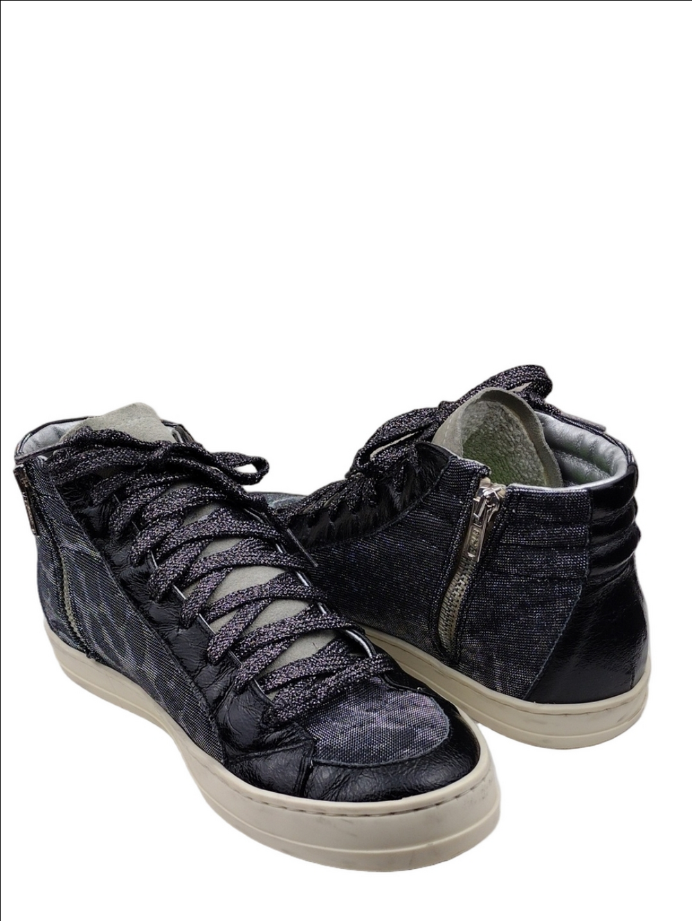 P448 Black Metallic Leopard Print Leather Upper Lace Up High Top Skate Sneaker